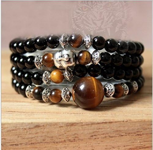 Black Agate and Tiger's Eye Mala Prayer Beads Buddha Focal Men Women Necklace Bracelet 28 inches