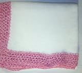 Bk601, Knitted on Hand Knitting Machine White Cotton with Hand Crocheted Raspberry Chenille Trim Blanket