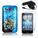 HTC Inspire 4G - Blue Butterfly Flower Hard Plastic Skin Case Cover + Car C ....