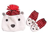 EOZY ベビー 手袋 帽子 てぶくろ キッズ ミトン 赤ちゃん 子供用ハット キャップ ニット帽子 男の子 女の子 新生児 ボーダー柄 くまちゃん ホワイト ミトン帽子セット サイズ1