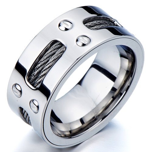 Man s Stainless Steel Ring Wedding Band with Steel Cables and Screws 10mm(28a)