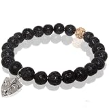Lava Rock Stretch Bracelet with Fleur De Lis Shield Charm & Yellow Gold Rhinestone Bead Accent