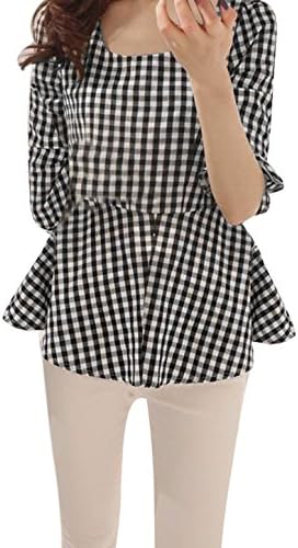 Vshop-2000 Women's Round Neck Elbow Sleeve Check Peplum Tops