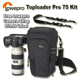 Lowepro Toploader Pro 75 AW Holster Camera Bag Black Kit with Lowepro Speedster Camera Strap