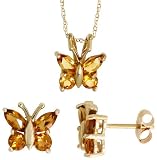 10k Yellow Gold 18 Chain, w/ 3/8 (10mm) tall Butterfly Pendant & 5/16 (8mm) tall Earrings Set, w/ 1.20 Carats Citrine Stones