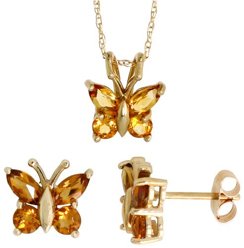 Childrens Toyshop  Jewelry : 10k Yellow Gold 18" Chain, w/ 3/8" (10mm) tall Butterfly Pendant & 5/16" (8mm) tall Earrings Set, w/ 1.20 Carats Citrine Stones
