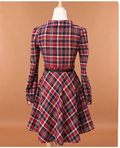 VENTELAN Women's Long Sleeve Elegant Plaid Ethnic Style Mid-Calf Dress