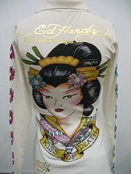 ED HARDY CHRISTIAN AUDIGIER GEISHA POLO SHIRT RHINESTONE WOMEN LONG SLEEVE STYLE #WLPGEIR068 WHITE