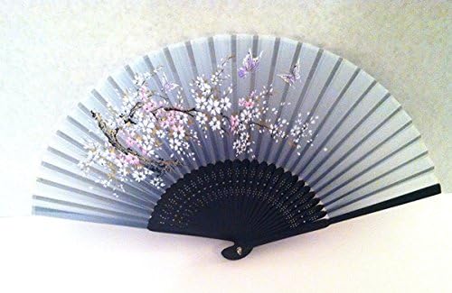 Japanese Hand Folding Fan in Cherry Blossom Flower Pattern Gradual Changing Grey Color