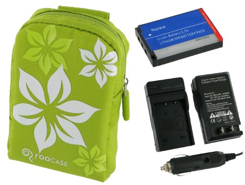 3n1 Fashion (Hawaiian Flower / Green) Nylon Padded Case / EN-EL10 650mAh Li-Ion Battery / AC DC Charger for Nikon Coolpix S60 S80 S210 S220 S230 S570 S3000 S4000 S5100