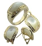 White Mother Of Pearl Rivus with Greek Key Border Earring, Ring and Pendant Set, 14k Gold