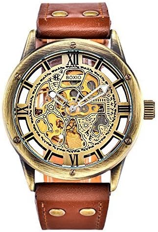 Harwish Men's Automatic Mechanical Leather Band Skeleton Sport Army Wristwatch Brown