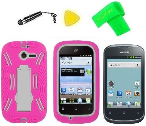 Heavy Duty Hybrid Phone Cover Case Cell Phone Accessory + Extreme Band + Stylus Pen + LCD Screen Protector + Yellow Pry Tool For Straight Talk Net10 Huawei Ascend Y M866 H866C / Huawei Ascend Y 201 U8666 (Pink/White)
