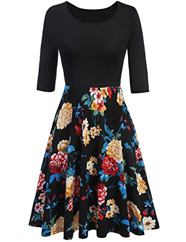 Meaneor Women's 3/4 Sleeve Vintage Patchwork A-line Floral Cocktail Party Dress