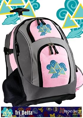 Tri Delta Dolphin Design Rolling Backpack Deluxe Pink Tri Delta - Backpacks Bags with Wheels or School Trolley Carry-On Bags - Unique Wheeled Gifts for Girls Ladies- CUTE!