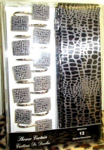 Bathroom Shower Curtain Set Black Grey Snake Design W/ Matching Ceramic Hooks