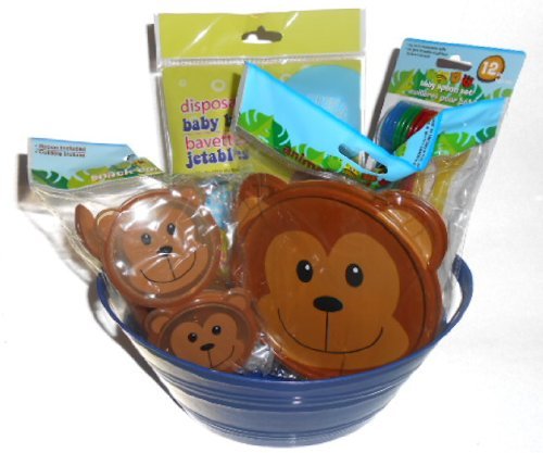 Bear Baby Feeding Gift Set. Covered Bowl, 2 Covered Containers, 12 Feeding Spoons, 6 Pack of Disposible Bibs, All in a Little Blue Tub Container by Blue Skies Plus