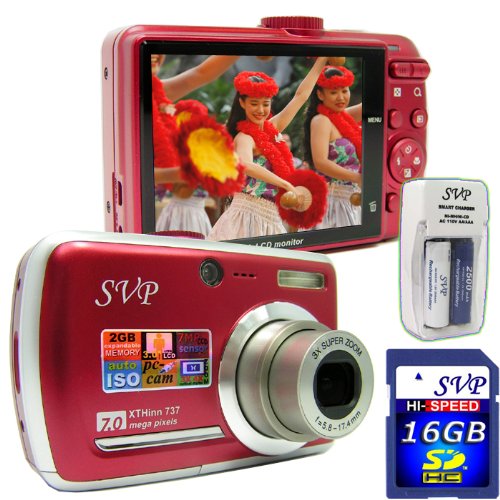 SVP Xthinn-737 Red 7MP 3x Optical zoom 3-inch LCD Digital Camera + FREE 16GB High Speed SD Memory Card & AA Rechargeable Set