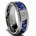 8MM Men's Tungsten Carbide Ring W/ Blue Carbon Fiber Inaly and CZ sizes 8 to 12