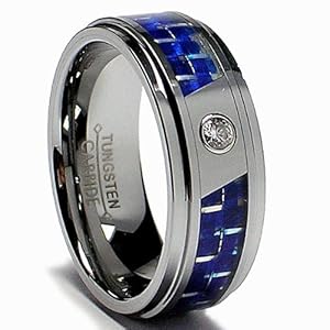 8MM Men's Tungsten Carbide Ring W/ Blue Carbon Fiber Inaly and CZ size 10.5