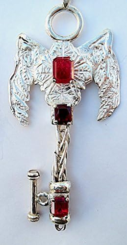 Lab Ruby Gemstone &amp; Sterling Silver Engraved Winged Key Pendant Necklace 925 30ct. 30 grams