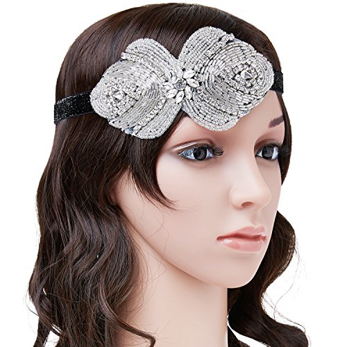 QNPRT 1920s Gatsby Flapper Headband with French Velvet Ribbon and Silver Glass Beads