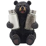 Decorative Black Bear Glass Salt and Pepper Shaker Set with Display Stand Holder Figurine Sculpture for Rustic Lodge and Cabin Kitchen Table Decor Centerpieces & Spice Rack Decorations or Teddy Bear Gifts
