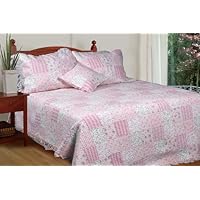 [May Flowers] 100% Cotton 3PC Floral Vermicelli-Quilted Patchwork Quilt Set