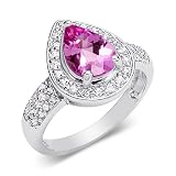 Stunning Pear Shape Checker Board Created Pink Sapphire & White CZ Size 8 Gemstone Ring in Sterling Silver