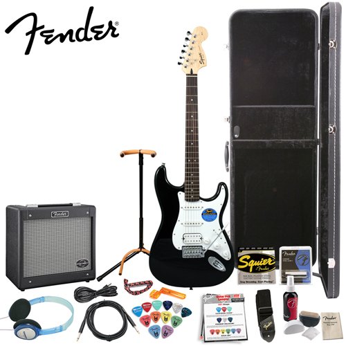 Fender Squier Affinity Black Strat HSS wG-DEC? Junior Amp Stop Dreaming Start Playing Set with Fender GO-DPS 12 Pack Pick Sampler Squier Strings Fender String Winder Fender Slide Dunlop Capo Samson Headphones Ultra Stand MBT Hard Case and Fender Polishing