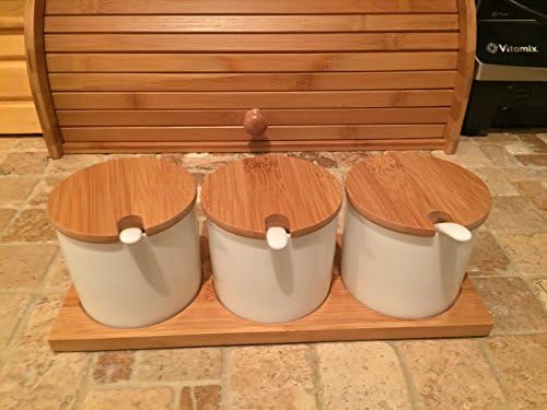 Sea Salt Cove 3-Pot Contemporary Ceramic Kitchen Medium Sea Salt Canister Jar Set with Bamboo Wooden Tray, Bamboo Lids, and 3 Ceramic Seasoning Spoons (Model 316)