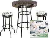 Pittsburgh Steelers White NFL Football Glass Top Chrome Bar Pub Table Set With 2 Swivel Bar Stools