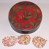 Scott's Cakes White Chocolate Covered Pretzel with Rainbow Jimmies in a Mini Holly Tin