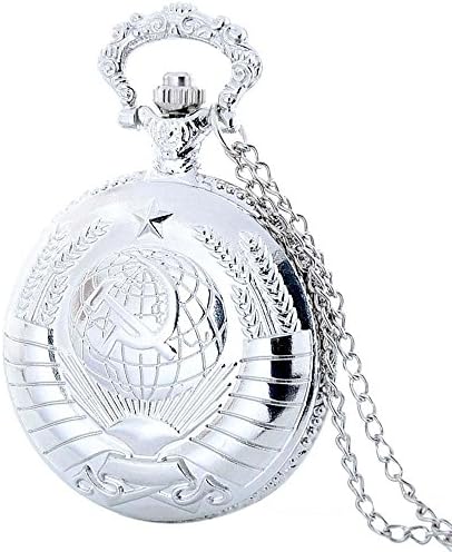 Fashion USSR Soviet Sickle Hammer Men's Quartz Pocket Watch Pendant Necklace Chain Silver