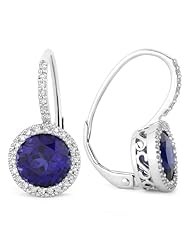 Synthetic 3.52ct Round-Shape Blue Created-Blue-Sapphire Gemstone & Diamond Earring Set In 14K White-Gold Lever-Back