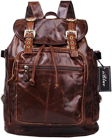 Iblue Men's Vintage Leather Men Shoulder Backpack Bag Light Brown #6085
