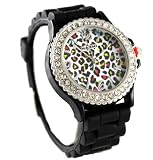 Narmi Black Ceramic Look Silicone Fashion Watch Leopard Face with Crystal Accents ~ As Seen on The Blind Side Movie