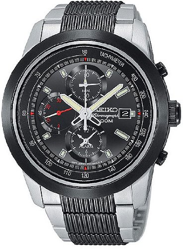 Seiko Mens SNAB19 Alarm Silver/Black Watch