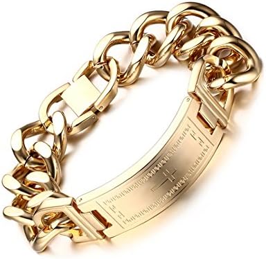 Quubb Stainless Steel Thick Bible Scripture Cross Mens Link Bangle Bracelet, Gold Plated