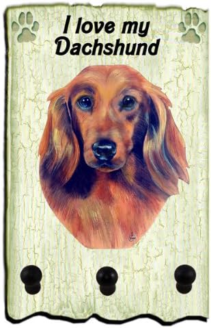 I love my Dachshund Long Hair Red Dog Wood 4 1/2 x 7 inch Key Ring Leash jewelry Peg Hanger Holder Wall Rack Sign Plaque