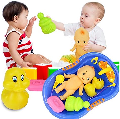 Sealive 7 pcs Funny Baby Doll in Bath Tub With Shower Accessories Set,water sprayer colorful kids Play Toys baby loved with baby doll, ducky, milk bottle and soap,3 months old up