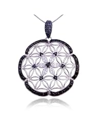 Rhodium Plated Sterling Silver Black and White Cubic Zirconia Floral Design Pendant, 18"