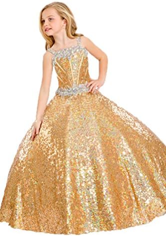 JillWang Princess Girls Full Sequins Shiny Crystals Pageant Dress 12 US Gold