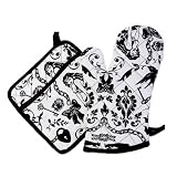 Sin in Linen Black and White Ravens Dream Oven Mitt and Potholder Set