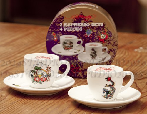 Ed Hardy Pacific Rim Ceramic Espresso Set - 2 Cups & 2 Saucers