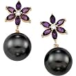 14K Yellow Gold Tahitian Cultured Near Round Dark Grey "A" Quality Pearl, Amethyst and Diamond Earrings