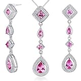 Unique Style Princess Checkerboard Cut Created Pink Sapphire Pendant Earrings Set in Sterling Silver Rhodium Finish