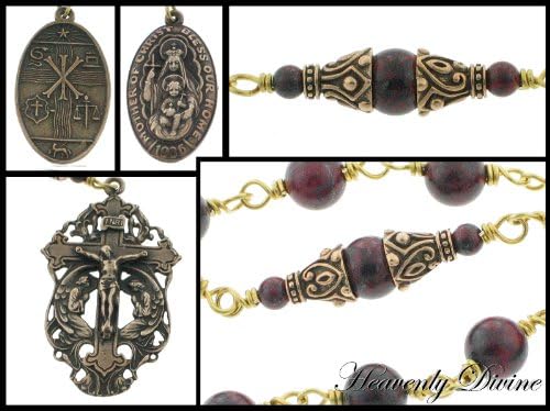 Mother of Christ Bless Our Home Red Brecciated Jasper Gemstone Handmade Bronze Wire-Wrapped Catholic Patron Saint One-Decade Pocket Prayer Rosary with Ornate Crucifix