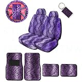A Set of 2 Universal Fit Animal Print Low Back Bucket Seat Covers, Wheel Cover, 2 Shoulder Pads 4 Floor Mats, and 1 Key Fob - Leopard Purple