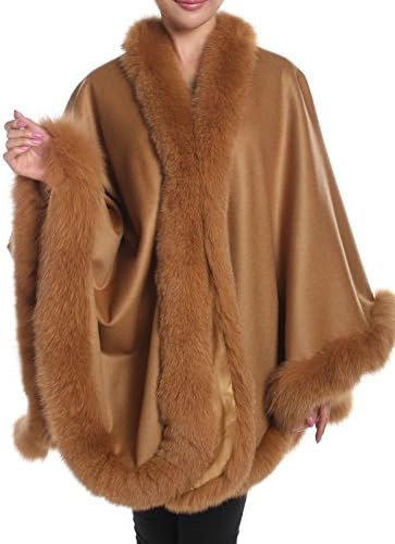Pure Cashmere Cape Shawl Wrap with Fox fur Trim